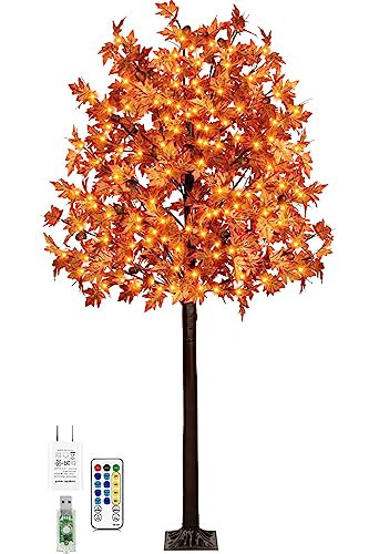 7FT 170 LED Lighted Maple Tree - Thanksgiving Decor Artificial Fall Tree with 17 Branches, 17 Acorns 340 Leaves, Remote 8 Flashing Modes, Timing, DC 5V Safe for Outdoor Wedding Party Autumn Decor | Amazon (US)