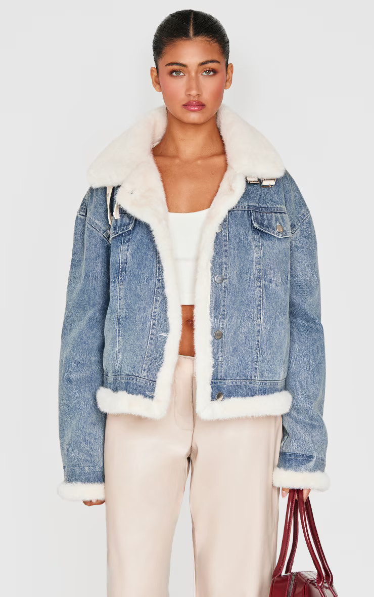 Vintage Soft Faux Fur Aviator Style Denim Jacket | Denim | PrettyLittleThing US