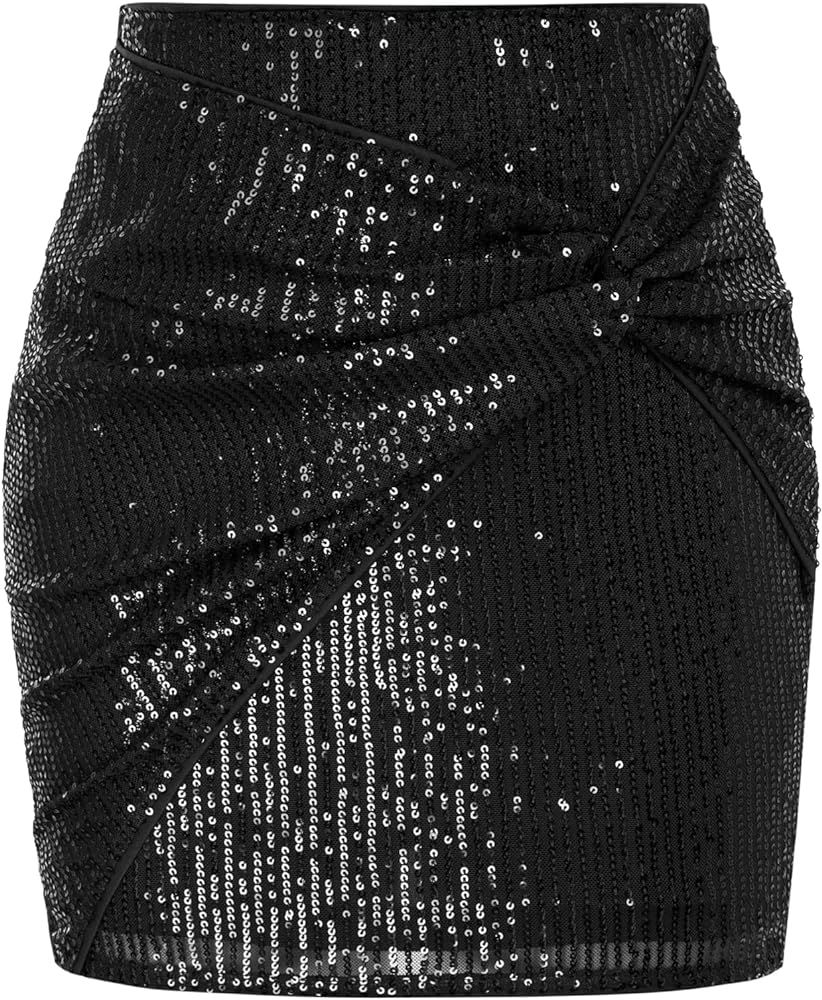 Kate Kasin Women's Sequin Bodycon Skirt High Waist Knot Front Sparkly Glitter Pencil Mini Skirt f... | Amazon (US)