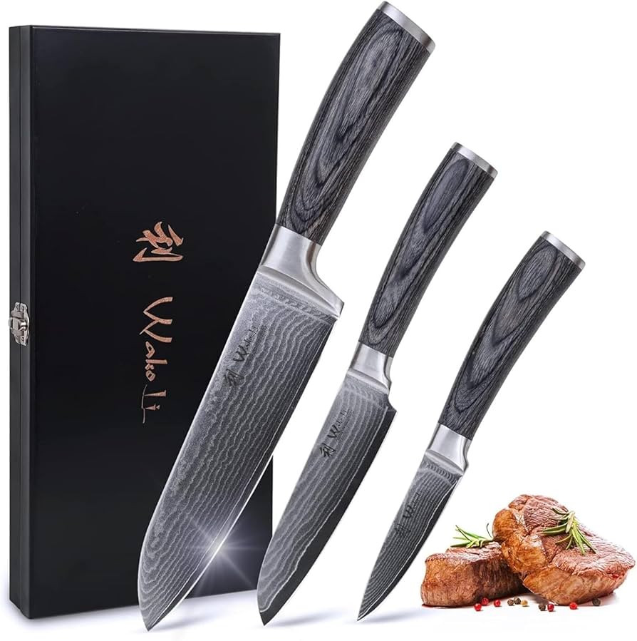 Wakoli 3 Piece Damascus Kitchen Knife Set, Made of 67 Layers of Genuine Damascus Steel with VG10 ... | Amazon (US)