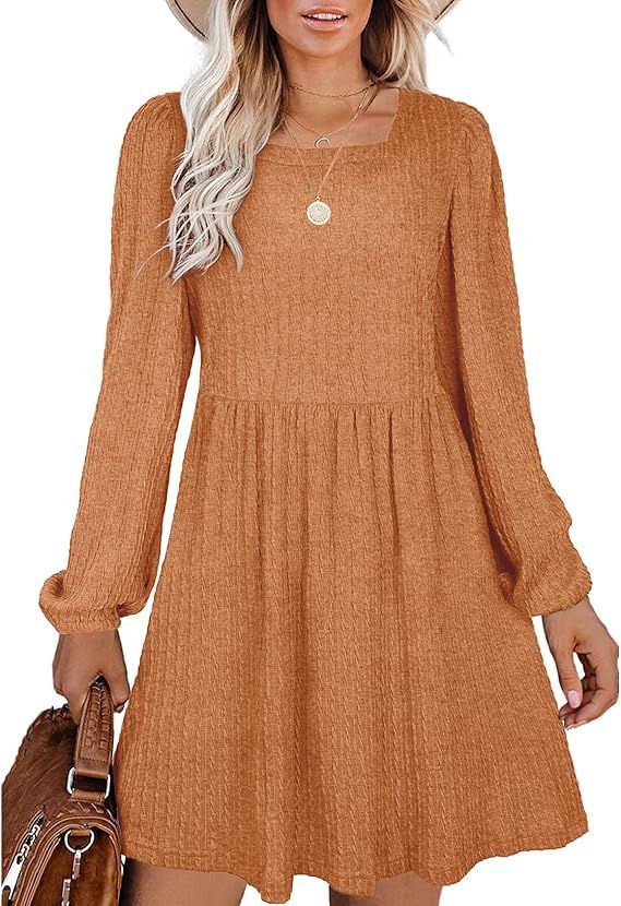 WEESO Womens Knit Dress Square Neck Long Sleeve Knee Length Babydoll Dresses | Amazon (US)