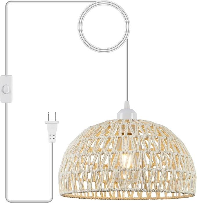 Plug in Pendant Light Rattan Hanging Lamp with 15 Ft Hemp Rope Cord, Hanging Lights with Plug in ... | Amazon (US)