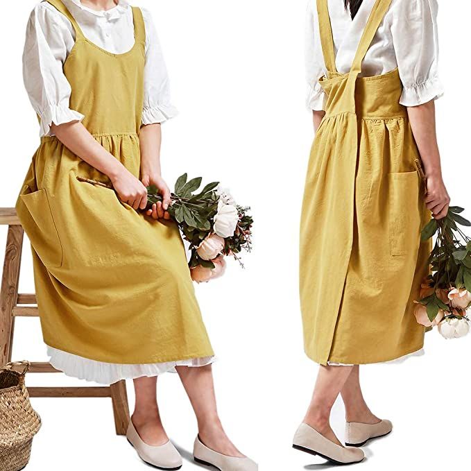 NEWGEM Cotton Linen Cross Back Apron for Women with Pockets for Cooking Cleaning Yellow without W... | Amazon (US)