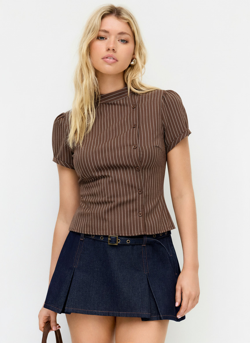 Woven Plaid Stand Collar Puff Sleeve Tie Back Button Blouse For Daily Casual | Cider