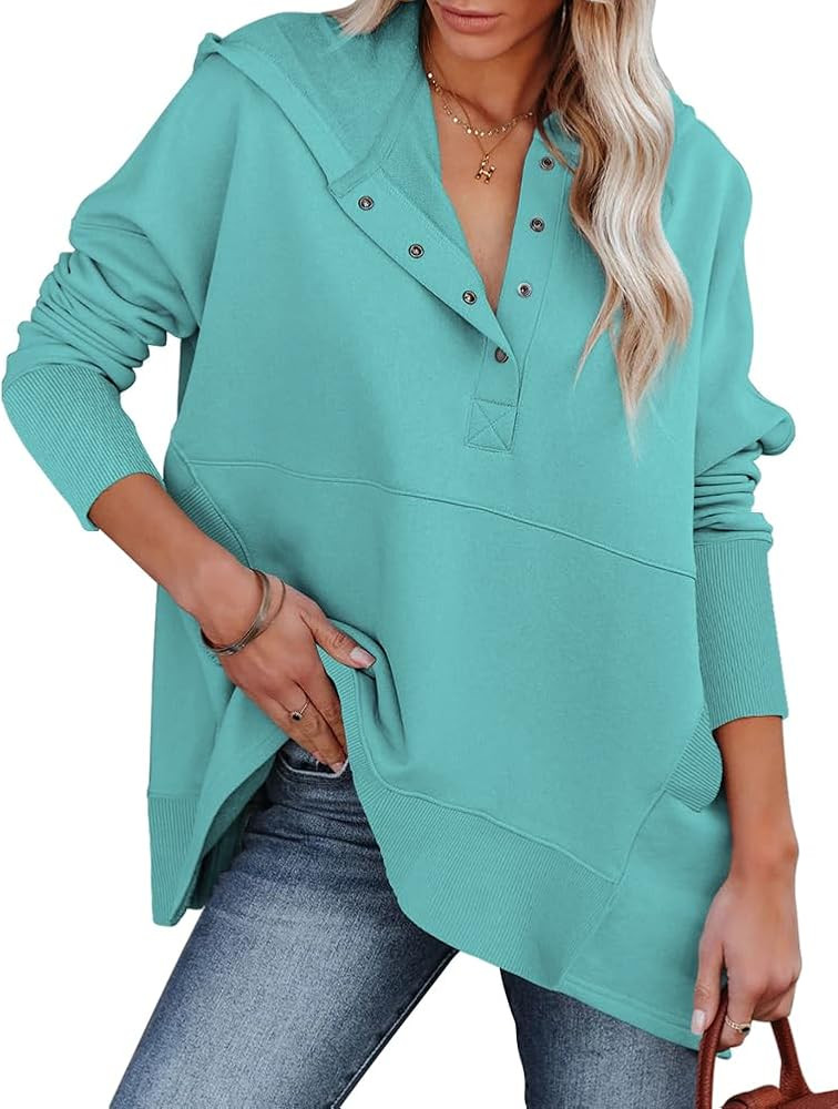 ROYLAMP Women's Button V Neck Hoodies Thumb Holes Long Sleeve Pullover 2023 Fall Plus Size Sweats... | Amazon (US)