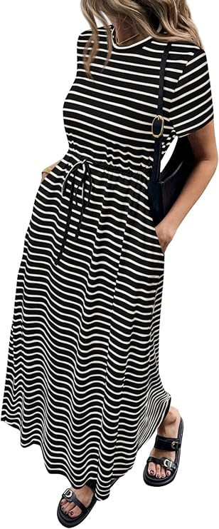 NALANISA Women's Summer Dresses 2026 Casual Short Sleeve Striped Drawstring Waist Loose Fit Maxi ... | Amazon (US)
