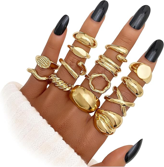 IFKM Gold Chunky Rings Set for Women 14k Gold Plated Thick Dome Stackable Open Rings Trendy Daint... | Amazon (US)