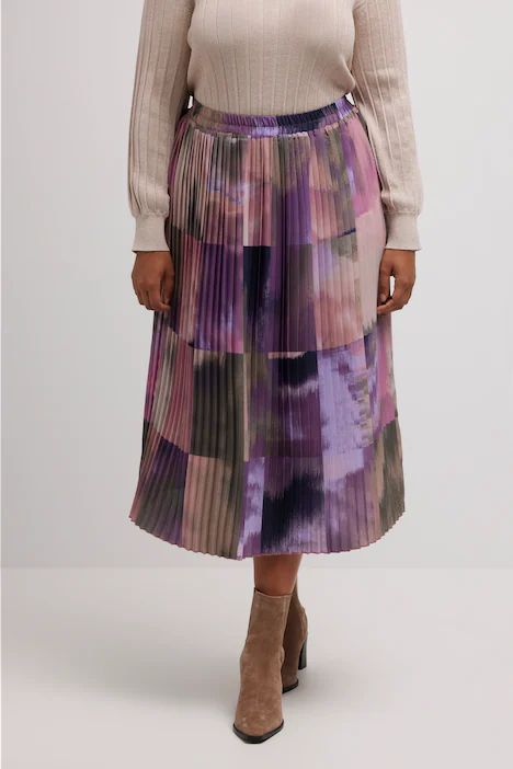 Watercolor Patch Look Elastic Waist Pleated Skirt | Ulla Popken