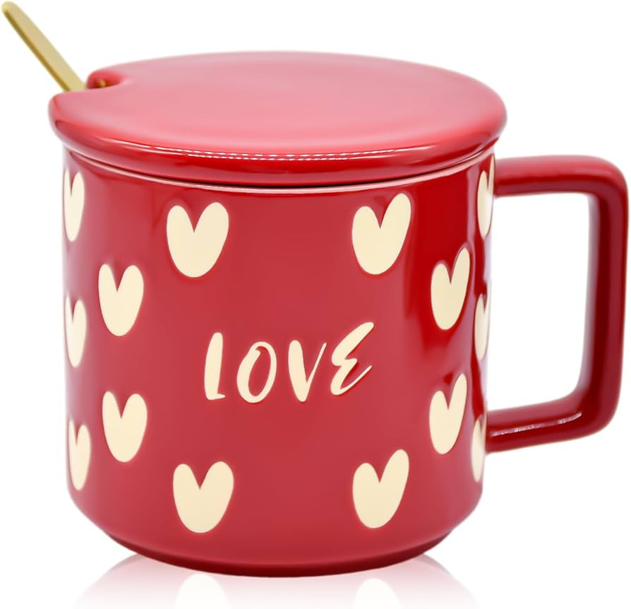 15 oz Valentine's Day Love Heart Mug with Lid and Spoon, Large Romantic Ceramic Coffee Cup, 450ml... | Amazon (US)