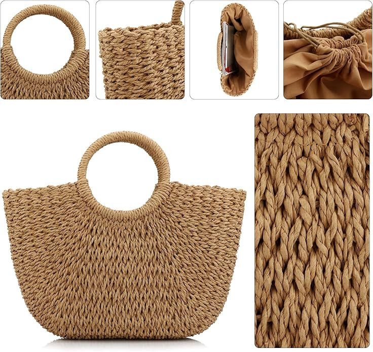 Women Summer Beach Bag, Straw Handbag Top Handle Big Capacity Travel Tote Purse Hand Woven Straw ... | Amazon (US)