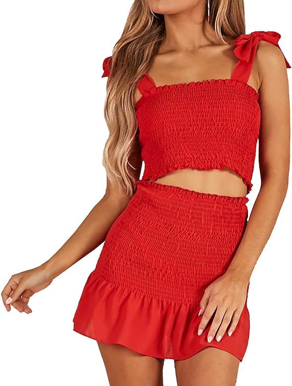 Women's Bohemian Bow Tie Tube Crop Top with High Waist Bodycon Skirt Two Piece Outfit Dress Suit Set | Amazon (US)