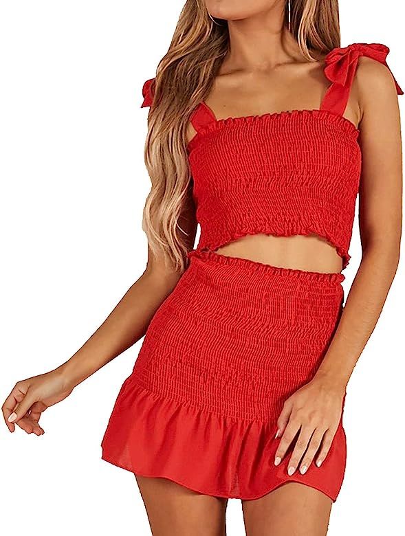 Women's Bohemian Bow Tie Tube Crop Top with High Waist Bodycon Skirt Two Piece Outfit Dress Suit Set | Amazon (US)