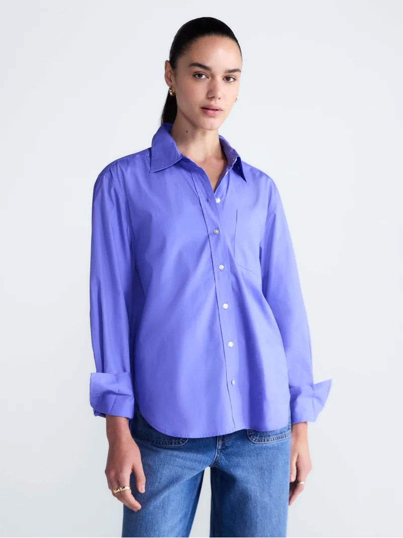 Free Assembly Women's and Women's Plus Button Front Cotton Shirt with Long Sleeves, Sizes XS-4X | Walmart (US)