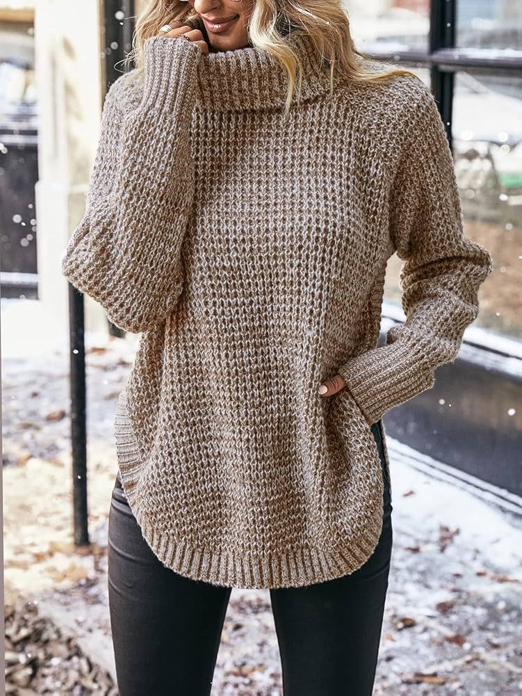 Sweaters for Women Turtleneck Raglan Sleeve Sweater Sweaters (Color : Khaki, Size : Medium) | Amazon (US)