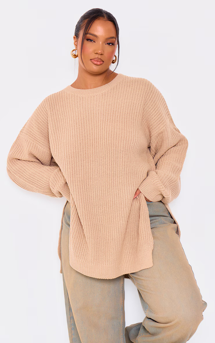 Plus Stone Round Neck Side Split Sweater | Plus Size | PrettyLittleThing US
