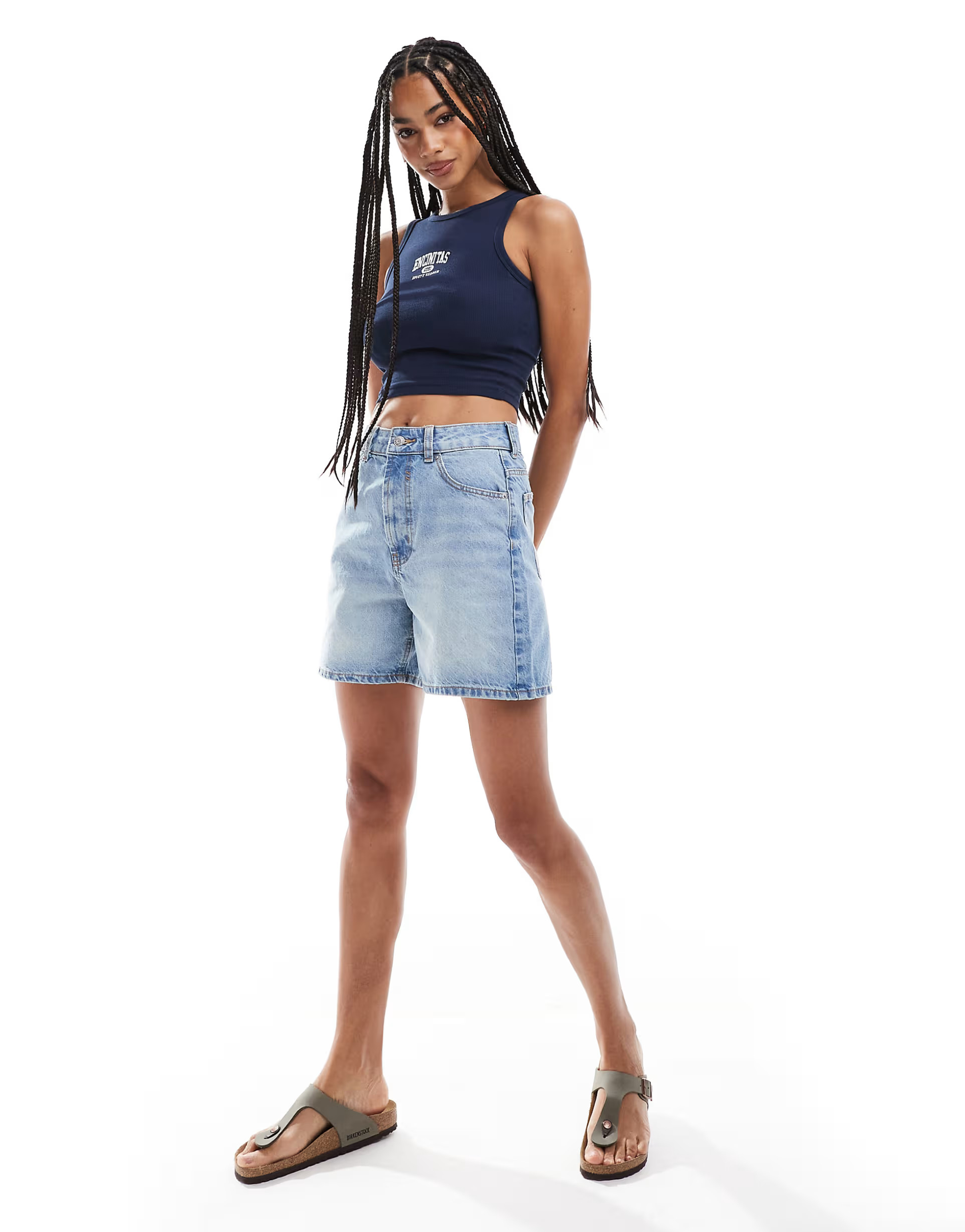 ASOS DESIGN denim dad short in midwash blue | ASOS (Global)
