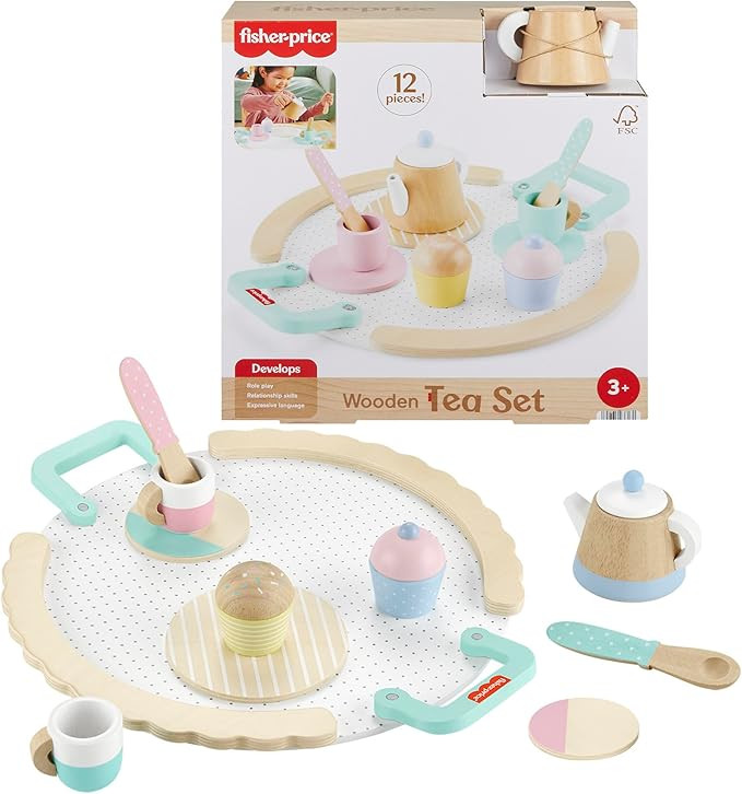 Fisher-Price Wood Pretend Play Toy Tea Set, 12-Piece Wooden Playset with Teapot, Cups & Saucers f... | Amazon (US)