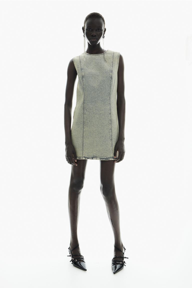 A-line Twill Dress - Round Neck - Sleeveless - Pale denim blue/light beige - Ladies | H&M US | H&M (US + CA)