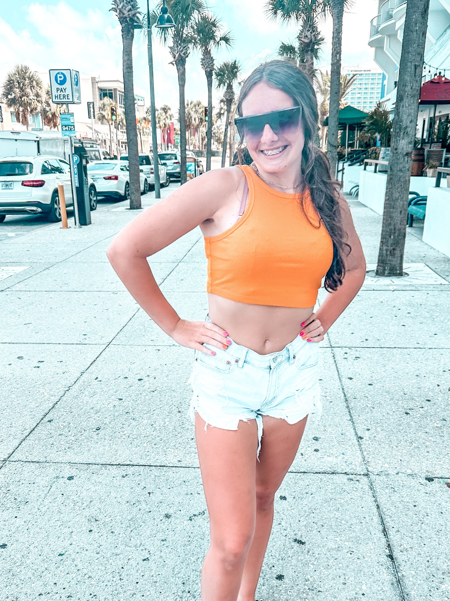 Teen girl style, crop tank, denim shorts, American Eagle, orange tank, mirrored sunglasses, everyday style 

#LTKtravel #LTKfit #LTKFind