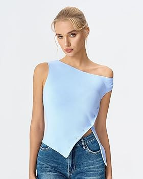 QINSEN Womens Off Shoulder Asymmetrical Tops Diagonal Button-up Closure Split Hem Cropped T Shirt... | Amazon (US)