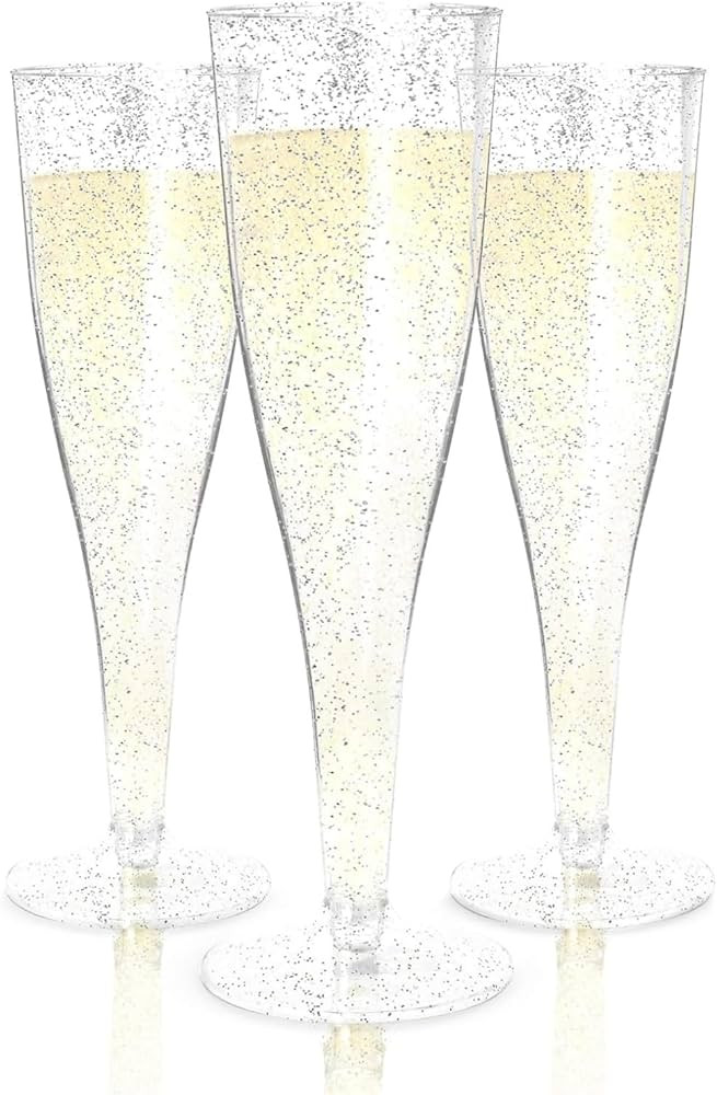 Prestee 24 Champagne Flutes Plastic - Disposable Flute - Silver Glitter Plastic Glasses for Parti... | Amazon (US)