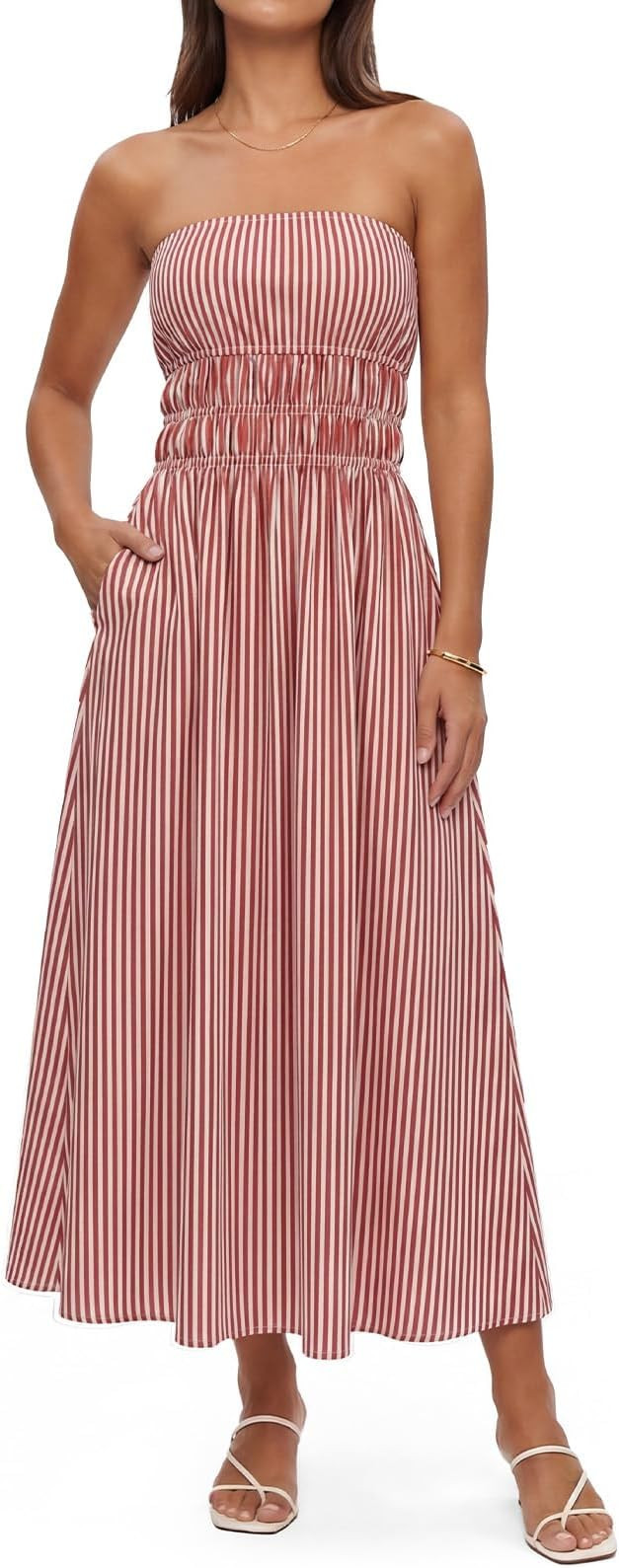Women Striped Strapless Maxi Dress Casual Smocked Tube Top Long Dresses Beach Vacation Flowy Sund... | Amazon (US)