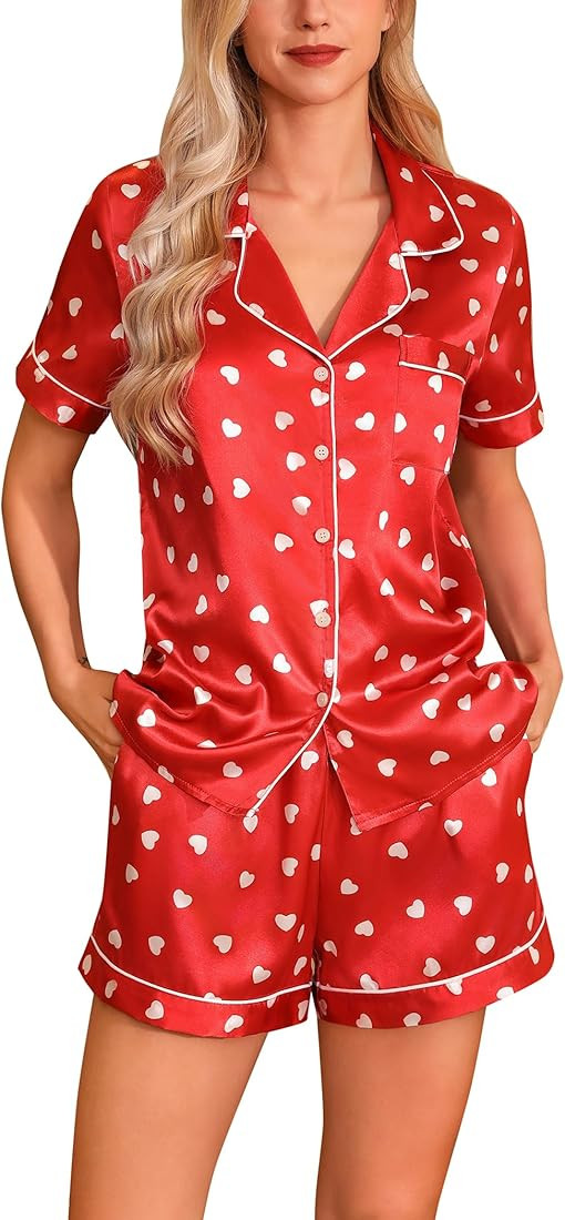 Pjmlifecoco Womens Silk Satin Pajamas Set Short Sleeve Loungewear Two-Piece Sleepwear Button-Down... | Amazon (US)