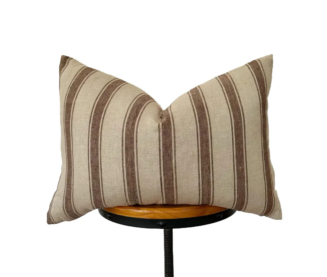 Block Print Linen Lumbar Pillow Cover: Brown Striped Design - Etsy | Etsy (US)