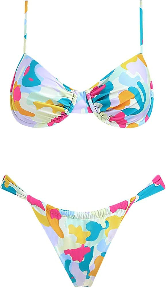 VOLAFA Women's Triangle Bikini Set Textured Frilled Smocked Ruched Push Up Swimsuit Two Piece Bat... | Amazon (US)