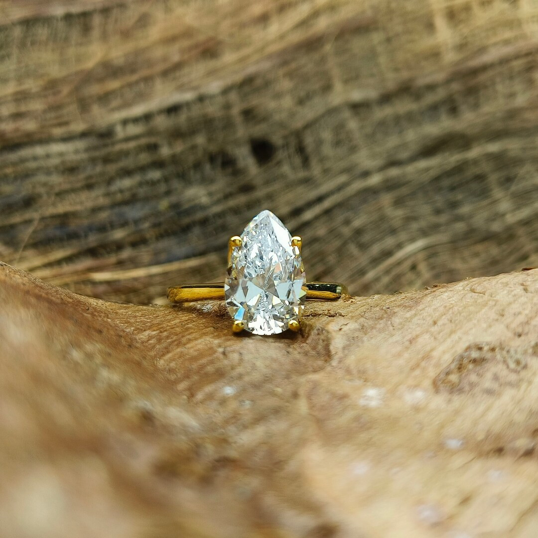 8x12mm-3ct Pear Cut Solitaire Simulated Diamond 14K Gold Plated Engagement Ring / 925 Silver CZ T... | Etsy (US)