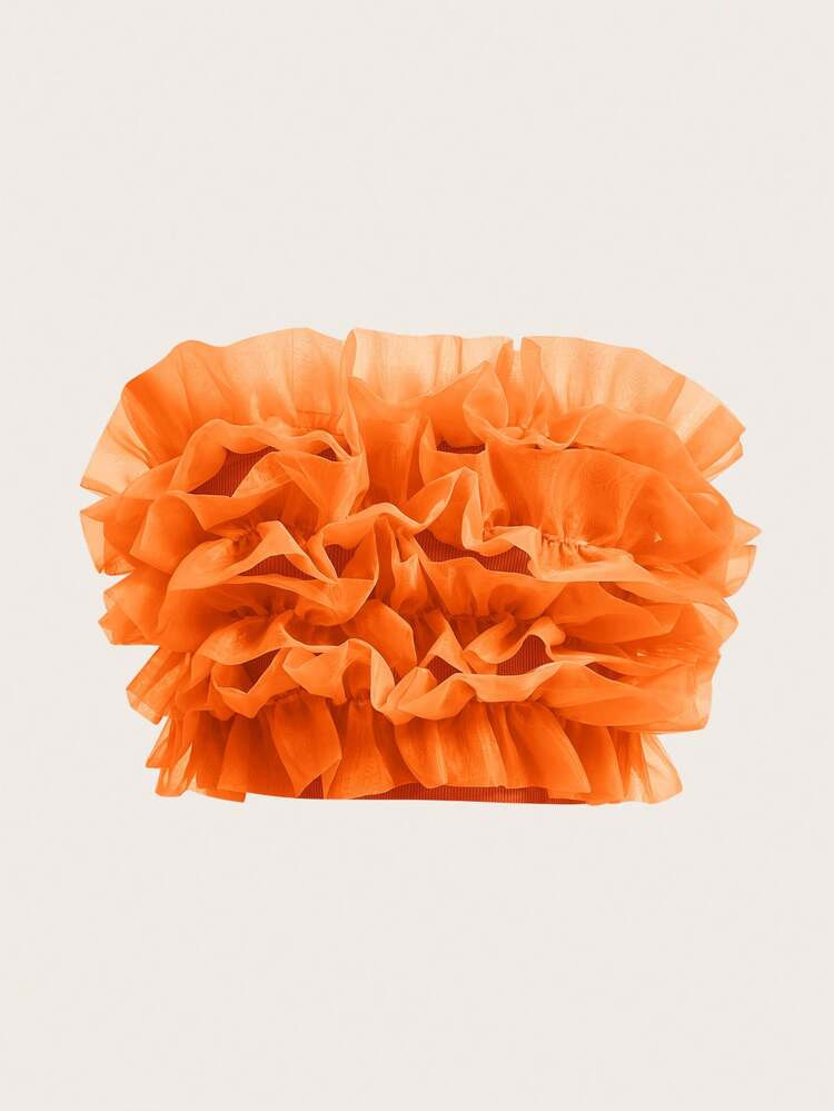 Aveloria Rosie Mesh Ruffle Trim Crop Tube Top Holiday Party Clothes Cute Funny Shirts  | SHEIN