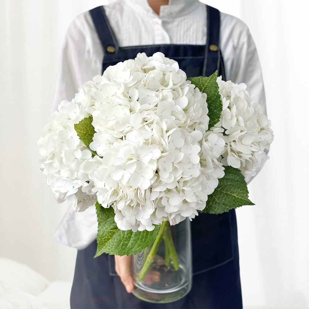 White Flowers Hydrangea Artificial Flowers, 4Pcs Outdoor Large 21” Royal Real Touch Latex Silk ... | Amazon (US)