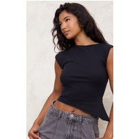 Black Ribbed Knitted Asymmetric Long Top, Black | PrettyLittleThing UK