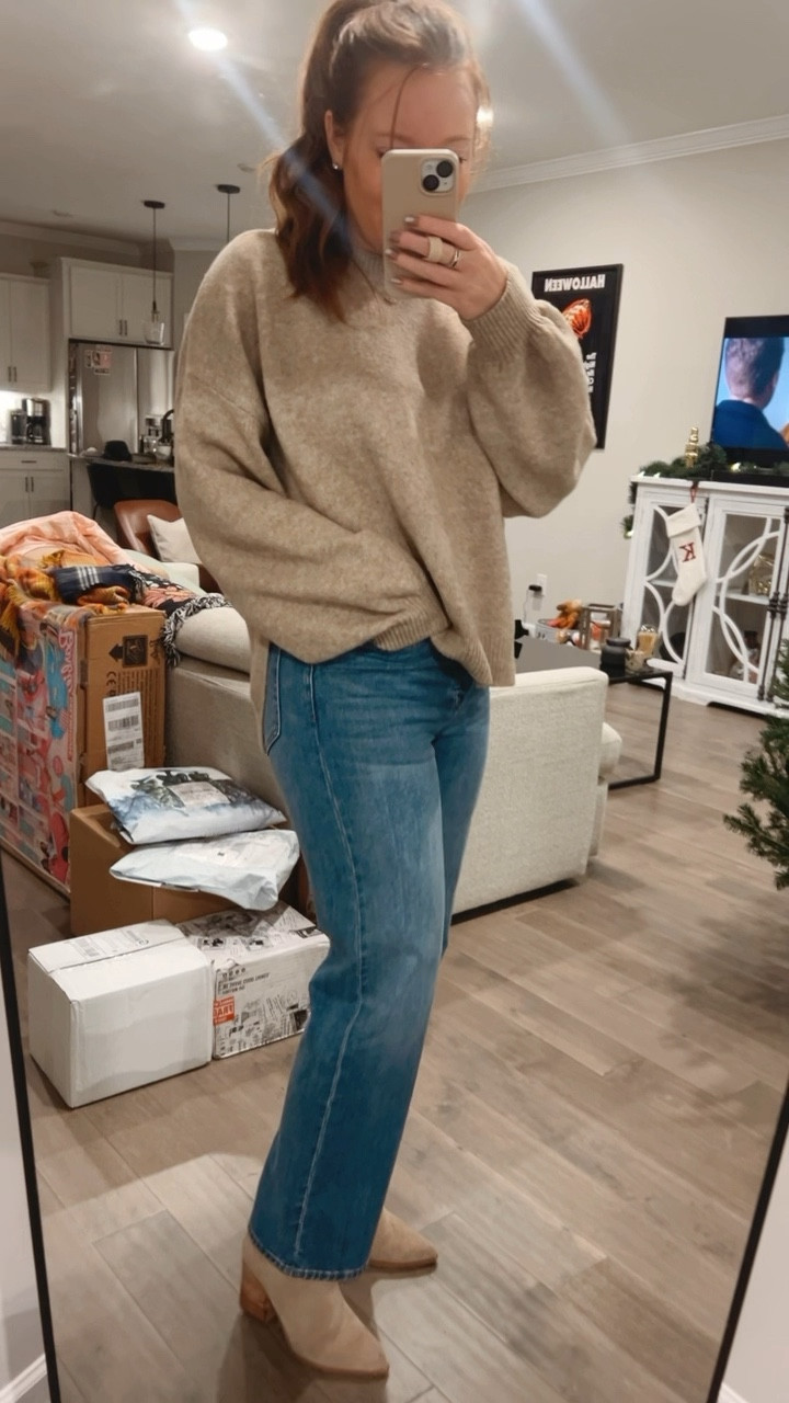 Neutral sweater - linked similar 
Straight leg jeans - tts wearing a 28
My favorite tan suede booties - tts I’ve have these for YEARS and they are still a favorite 

#LTKShoeCrush #LTKFindsUnder100 #LTKWatchNow