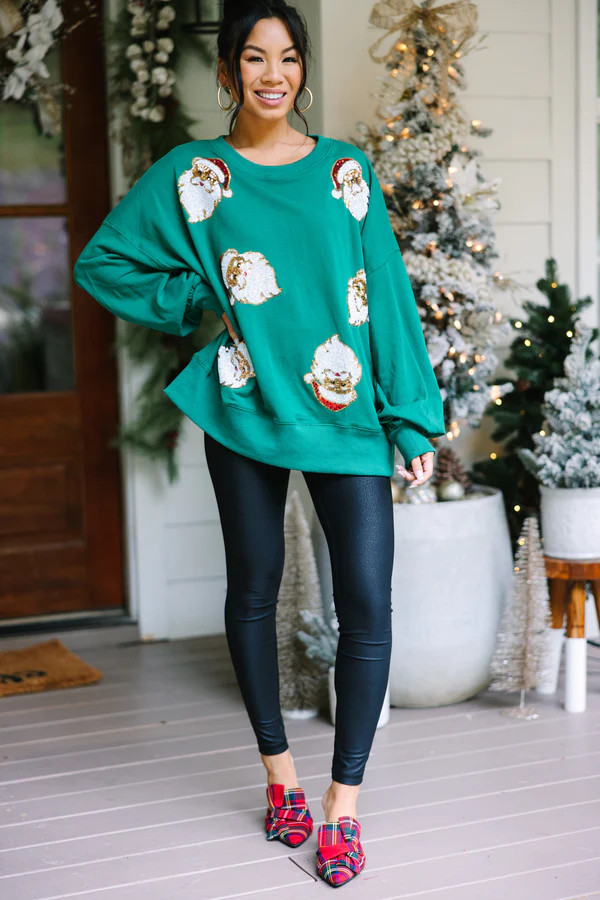 I Know Him Green Sequin Santa Pullover | The Mint Julep Boutique