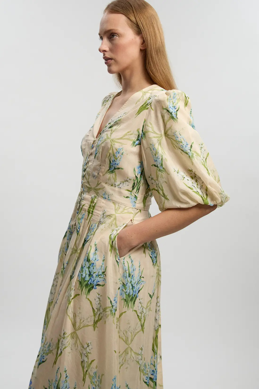 Silk Cotton Trailing Floral Puff Sleeve Midi Dress | Karen Millen