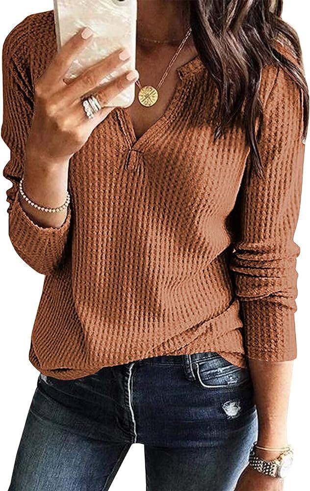 WNEEDU Womens Waffle Knit Tunic Tops V-Neck Short/Long Sleeve Shirts | Amazon (US)