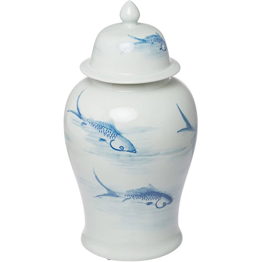 A&B Home Blue & White Porcelain Koi Ginger Jar with Lid,D9.5x19 inch | Amazon (US)