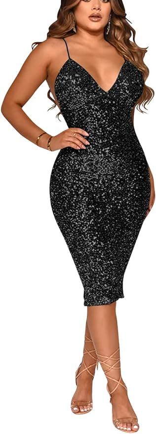 Amazon.com: BFFBABY Women's Sexy See Through Mesh Sequin Sparkly Glitter Spaghetti Straps V Neck ... | Amazon (US)