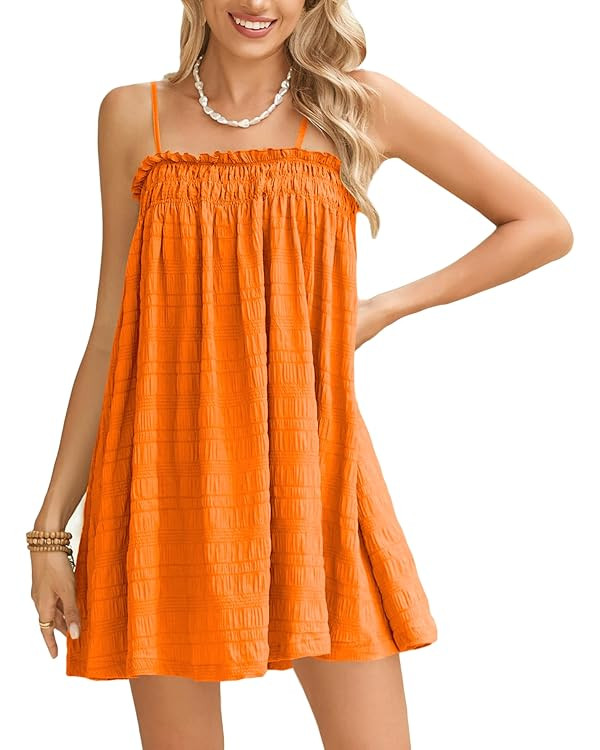 MakeMeChic Women's Casual Sleeveless Summer Cami Dress Ruffle Swing Shirred Mini Short Dress | Amazon (US)