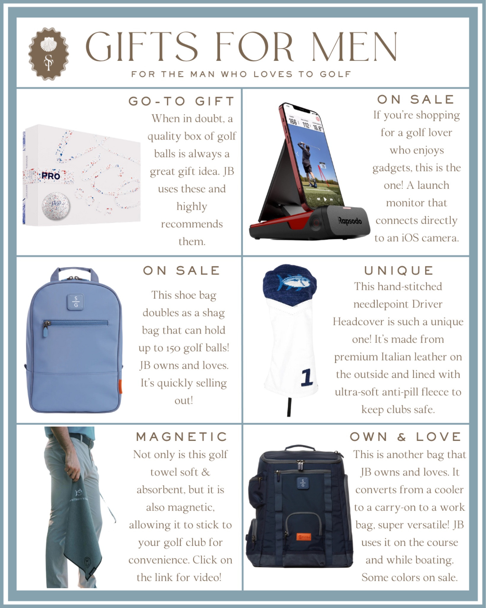 Gift guide for men who love to golf! If you have a son, husband, dad, or grandfather who is a golfer, these gift ideas are great! 

Golf balls, shoes, towel, golf device, driver headcover, cooler, gifts for men, holiday, Christmas 

#LTKfindsunder100 #LTKGiftGuide #LTKmens