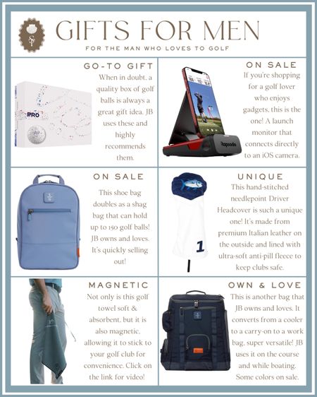 Gift guide for men who love to golf! If you have a son, husband, dad, or grandfather who is a golfer, these gift ideas are great! 

Golf balls, shoes, towel, golf device, driver headcover, cooler, gifts for men, holiday, Christmas 

#LTKfindsunder100 #LTKGiftGuide #LTKmens