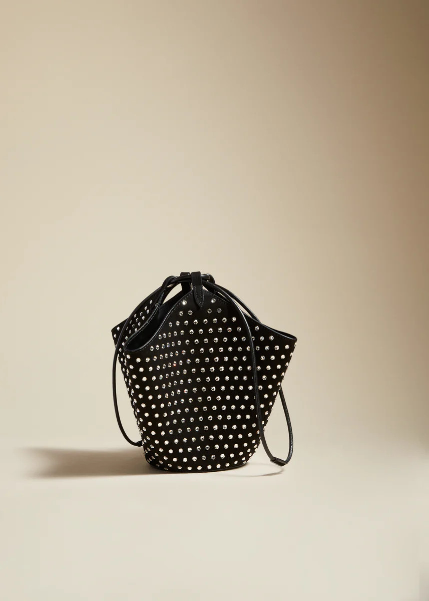 The Mini Lotus Drawstring Bag in Black with Crystals | Khaite