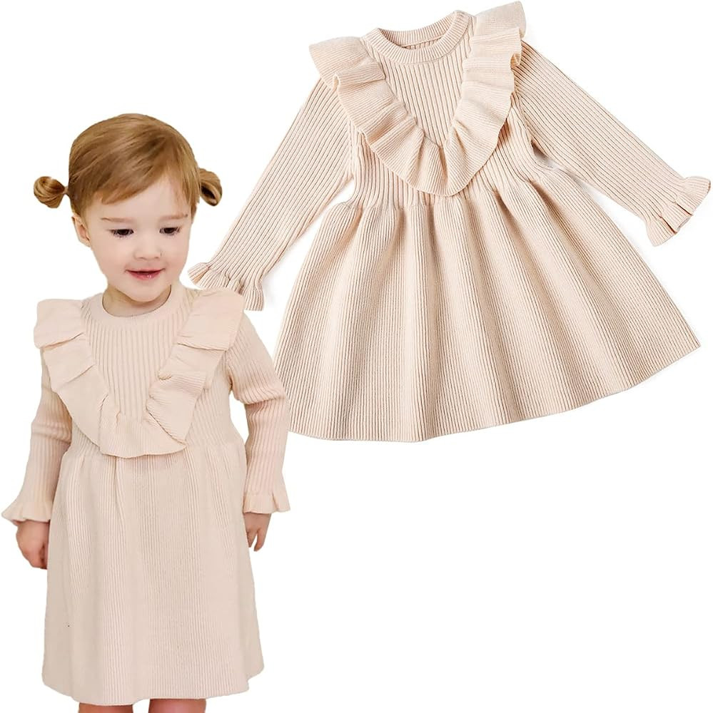 Curipeer Infant Toddler Girls Sweater Dresses Long Sleeve Ribbed Knit Pullover Ruffle Cozy Dress | Amazon (US)