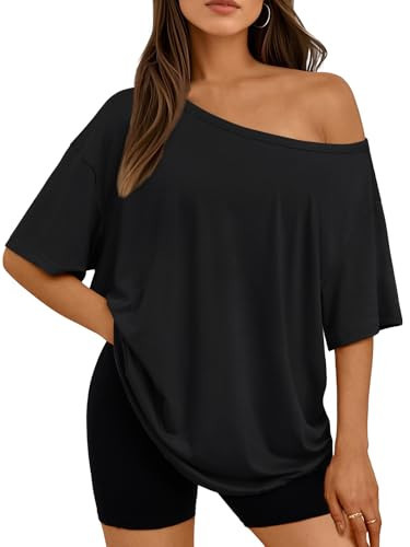 LILLUSORY Off The Shoulder Tops Oversized Tshirts Short Sleeve Basic Tee 2025 Casual Trendy Cute Summer Fashion Clothes Black M | Amazon (US)
