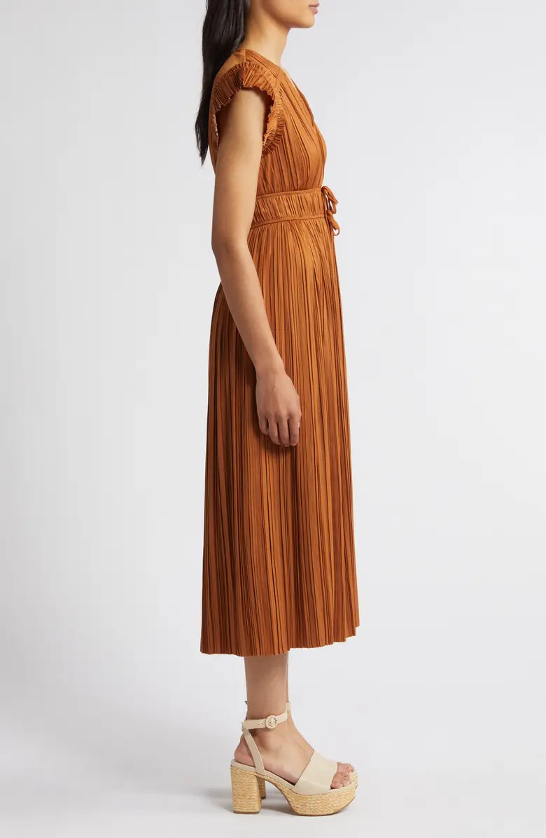 Pleated Tie Waist Midi DressMOON RIVER | Nordstrom