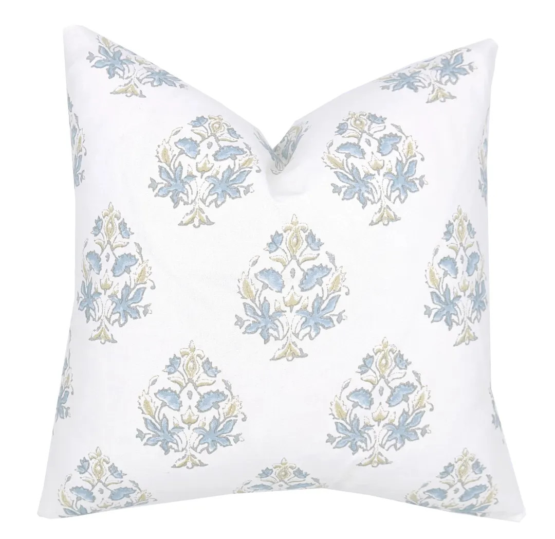 Maddie Blue Block Print Pillow Cover | Same Fabric Both Sides | Light Blue and Taupe Floral | Etsy (US)