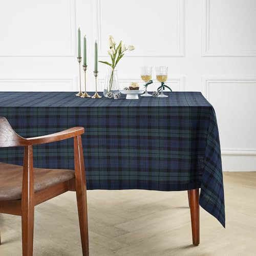 Solino Home Linen Blackwatch Tablecloth 60 x 144 Inch - 100% Pure Linen Blue and Green Christmas Plaid Tablecloth for Rectangle Tables - Machine Washable Table Cloth | Amazon (US)