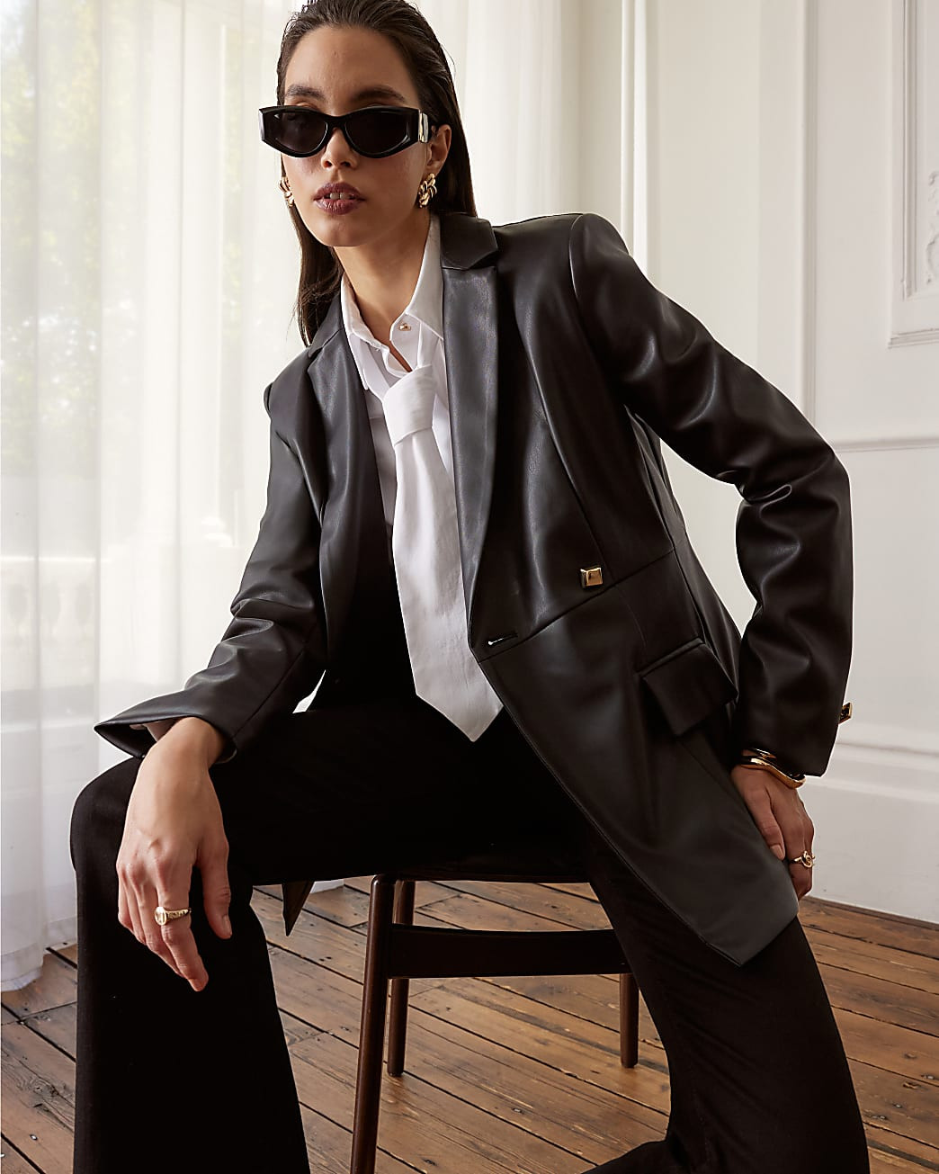 Black Faux Leather Fitted Blazer | River Island UK & IE