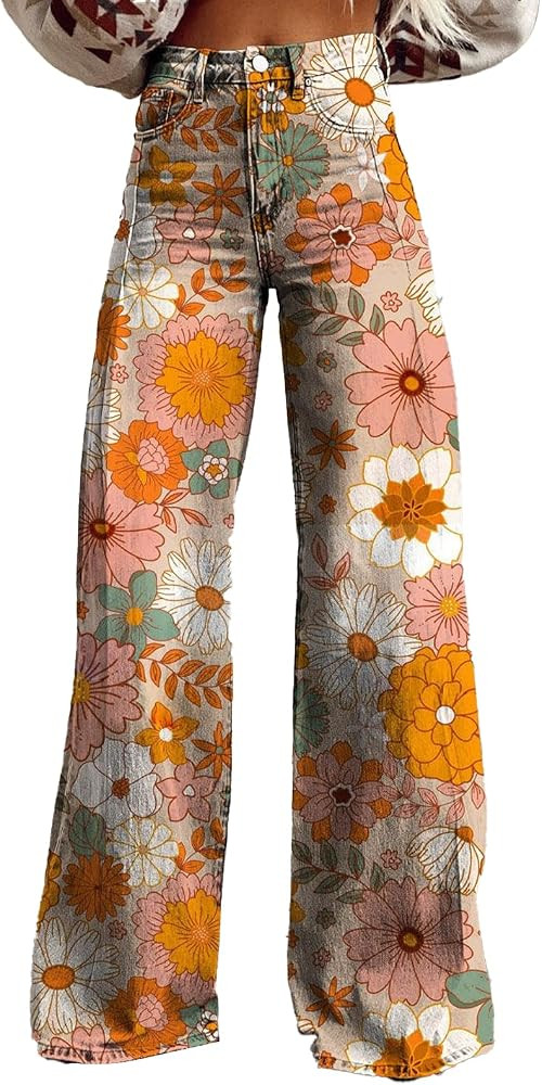 Women Palazzo Pants Boho Floral Print Wide Leg High Waisted Lounge Jeans with Pockets | Amazon (US)